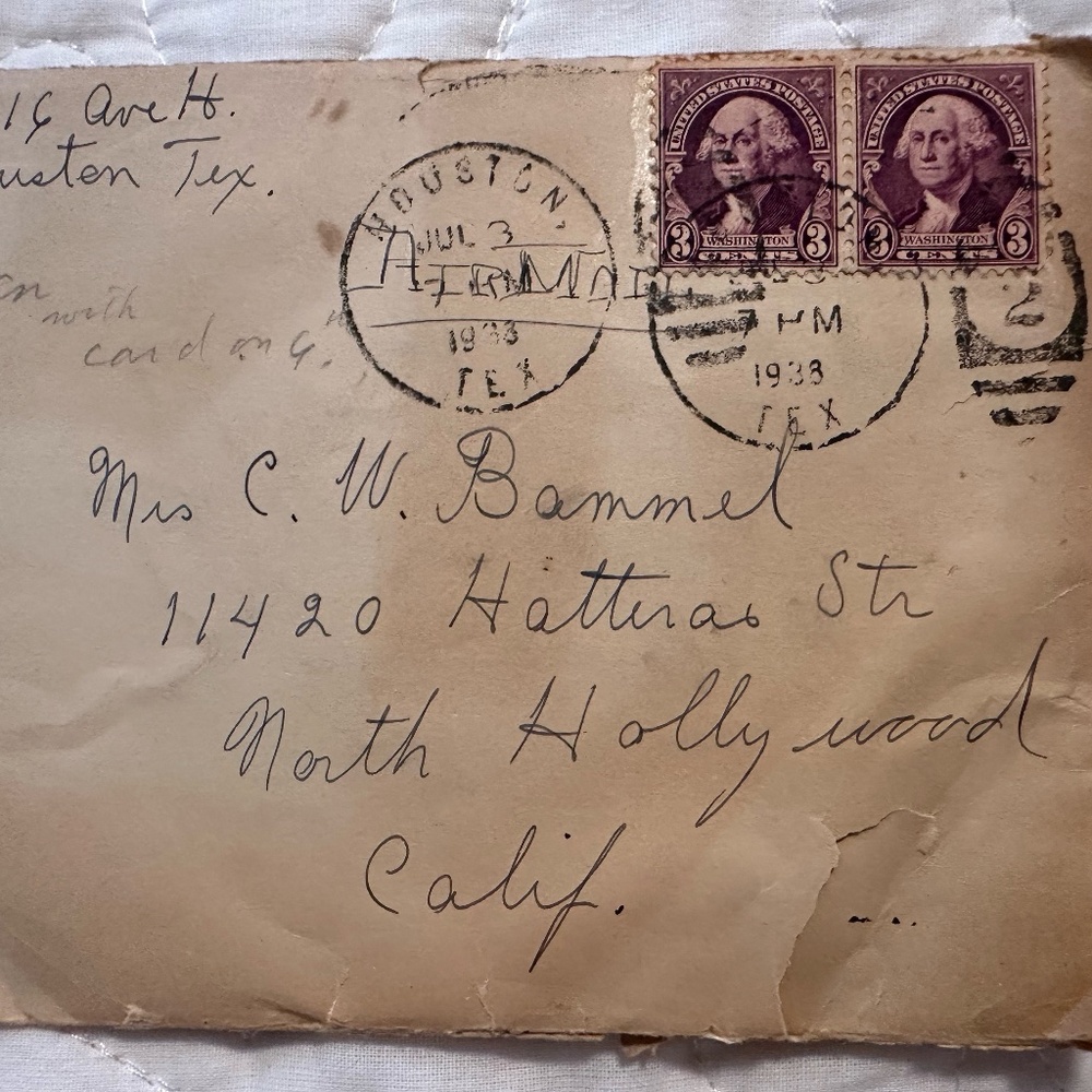 Envelope with 2 cancelled 3 cents George Washington Stamps